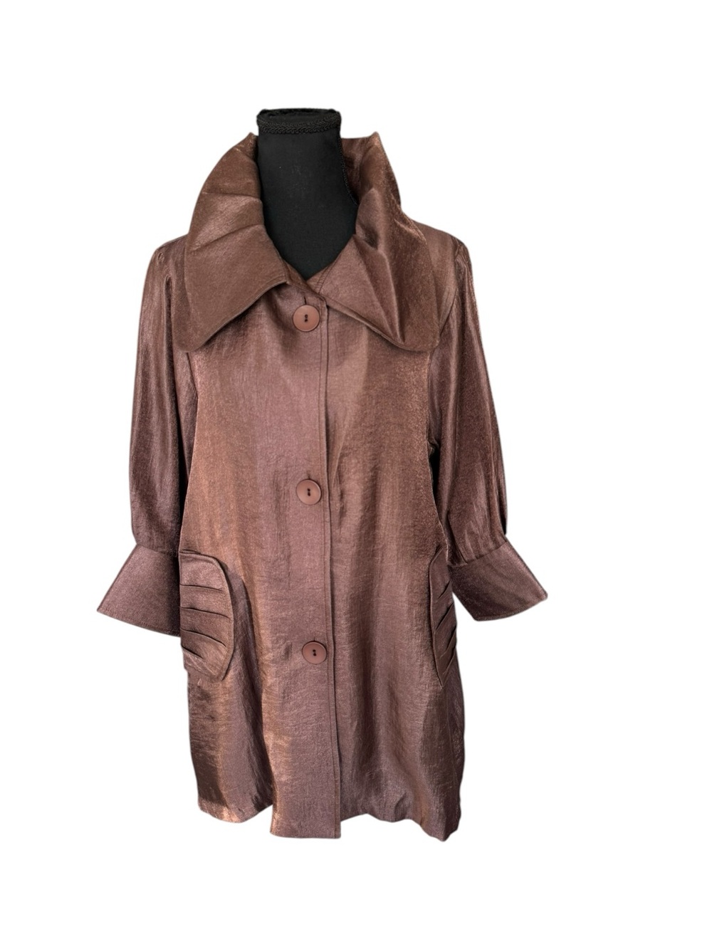 Damee Brown Shimmer Satin Swing Coat Jacket Oversized Collar Artsy L